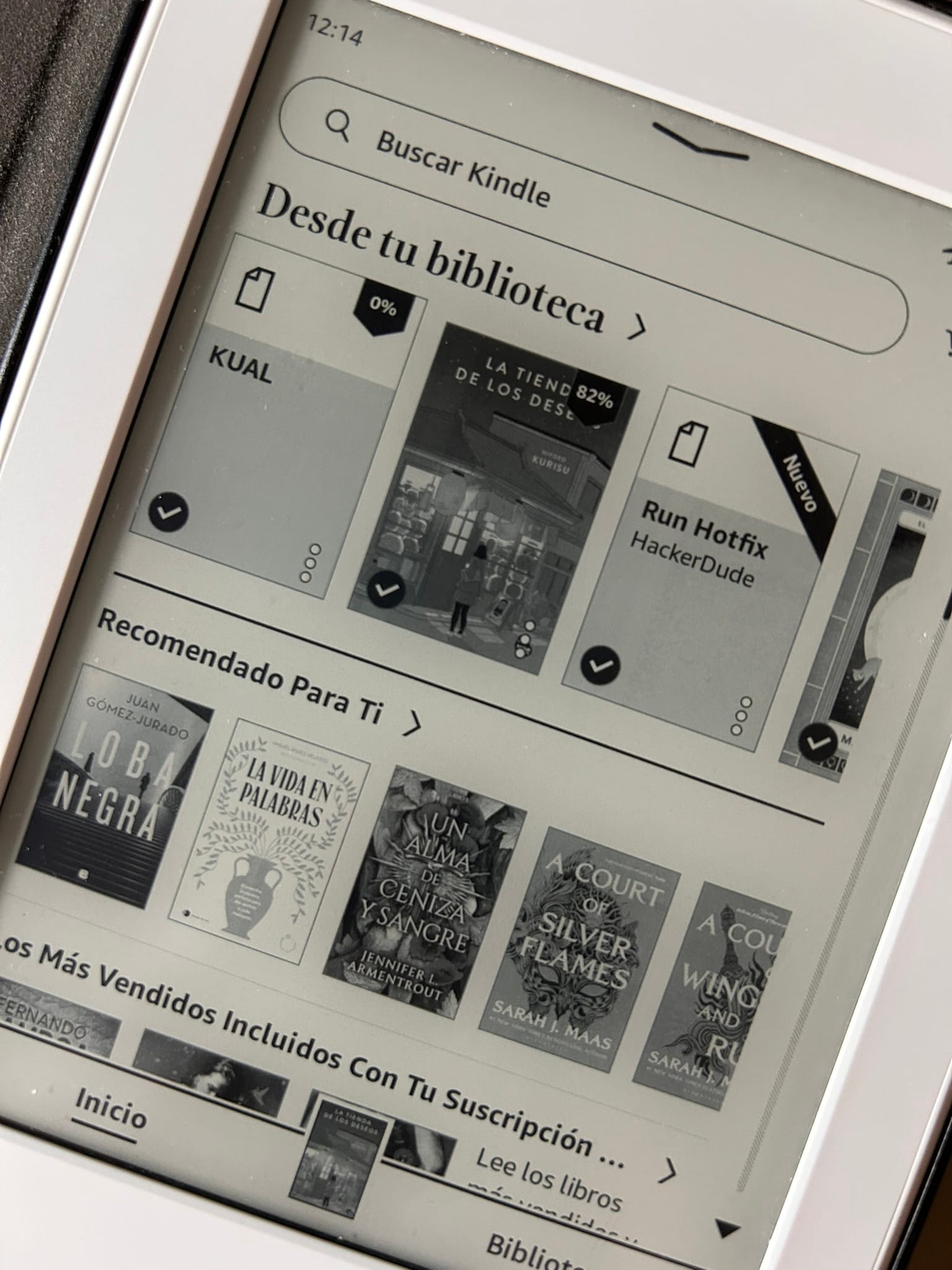 Fotografía de la pantalla de un Kindle en español. En el primer recuadro se muestra “KUAL” con un icono genérico y una marca de verificación que indica que está instalado. A su lado aparecen otras portadas de libros.